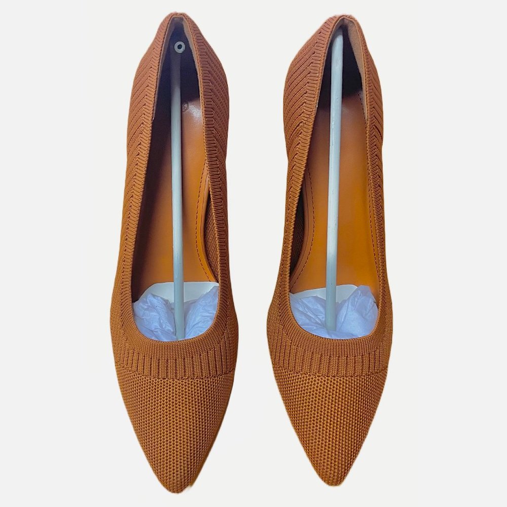 NEW! Coutgo Womens Pointed‎ Toe Block Heel Knit Pump Shoes-Tan/8.5